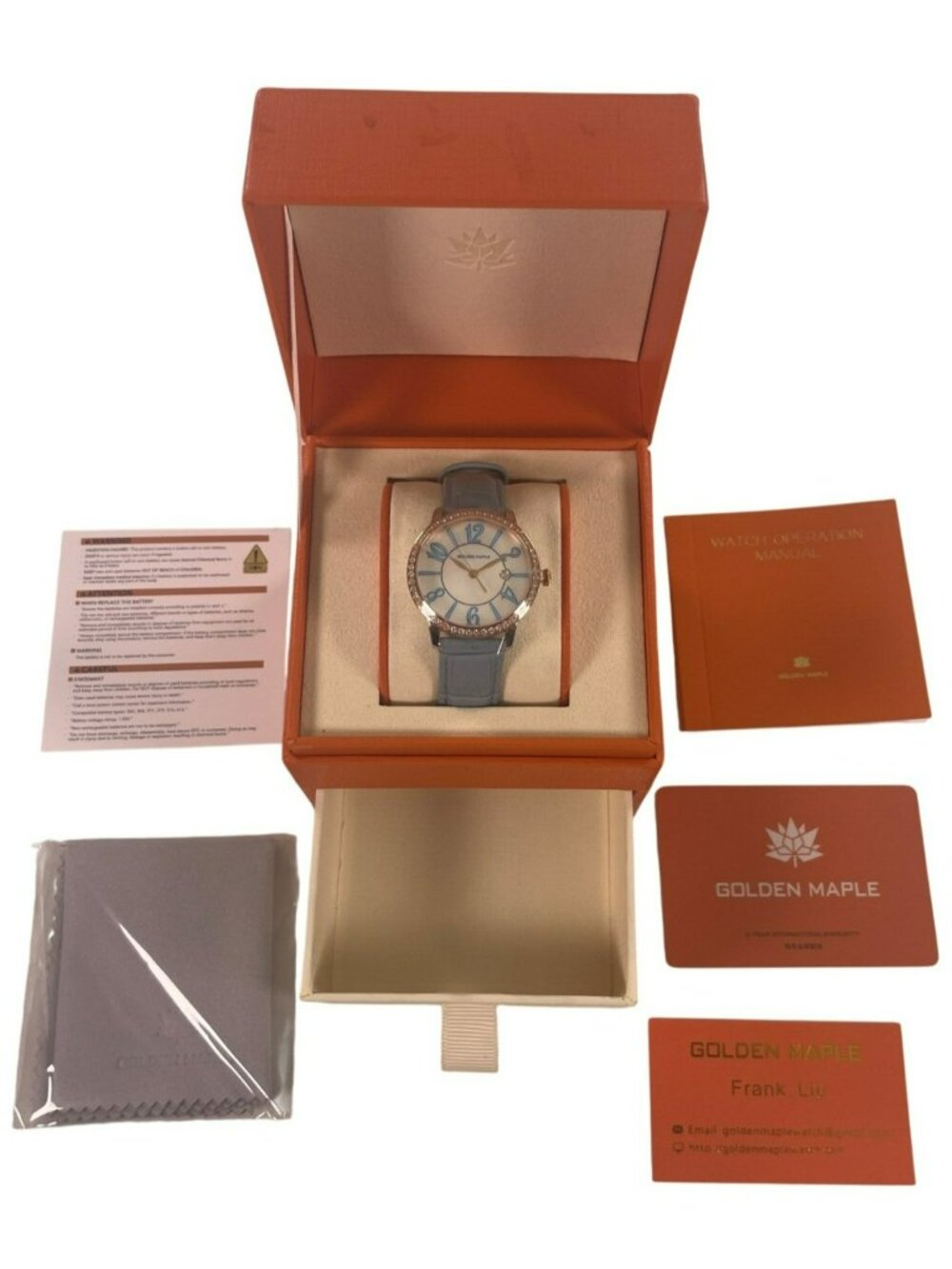 Golden Maple Ladies Watch Light Blue Leather Strap Rose Gold Bezel Swiss NEW - Picture 2 of 10
